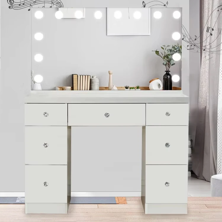 7 Drawers Home Bedroom Mirrored Furniture Hollywood Vanity Dressing Table With Led Mirror