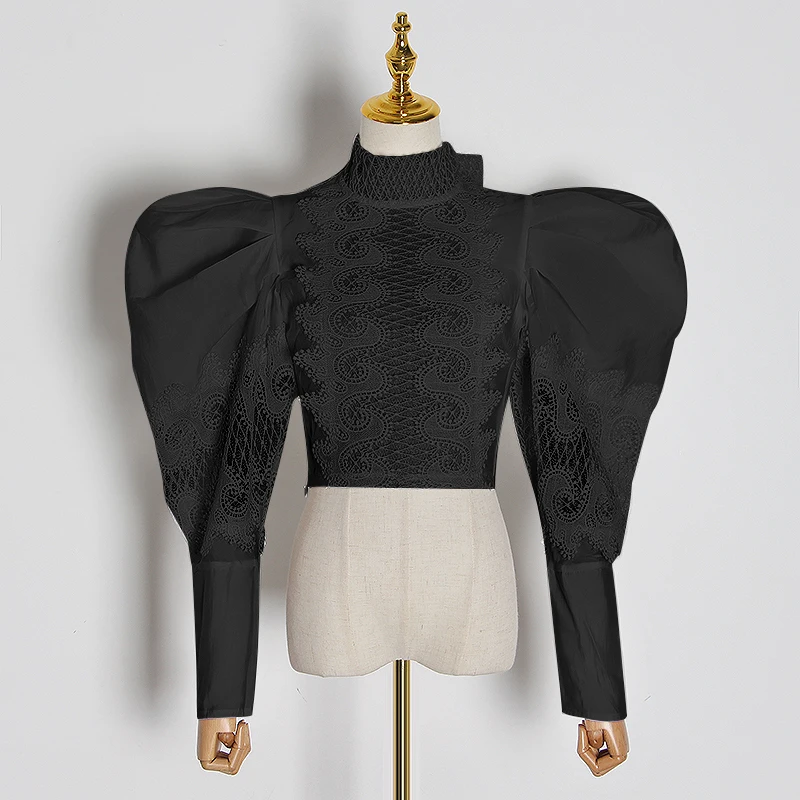CHICEVER Puff Sleeve Tops Hollow Out Women Shirt Turtleneck Lace Up Crop Top 2020 Fashion Blouse