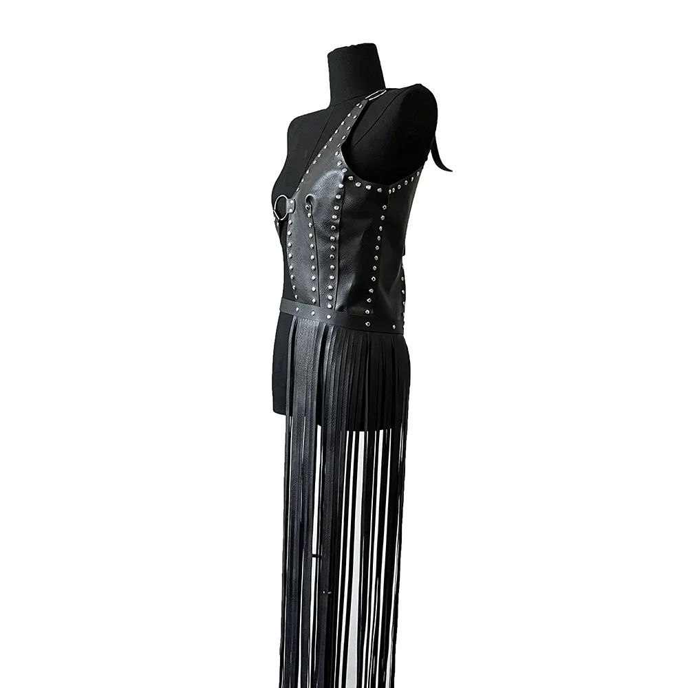 Design Sense PU Leather Skirt Half Body Dress Personalized Waistband Fringe Skirt Versatile Long Dress