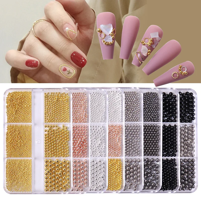 6 Grids/Box Professional Nail Art Stainless Steel Mini Gold and Silver Rose Gold Metal Mini Caviar Nail Beads 3D Decoration DIY
