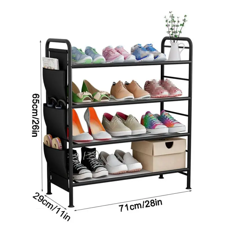 Entryway Storage Shelf Shoes Storage Cabinet Metal 3/4 Tier Stackable Shoe Rack with Side Hanging Storage Bag