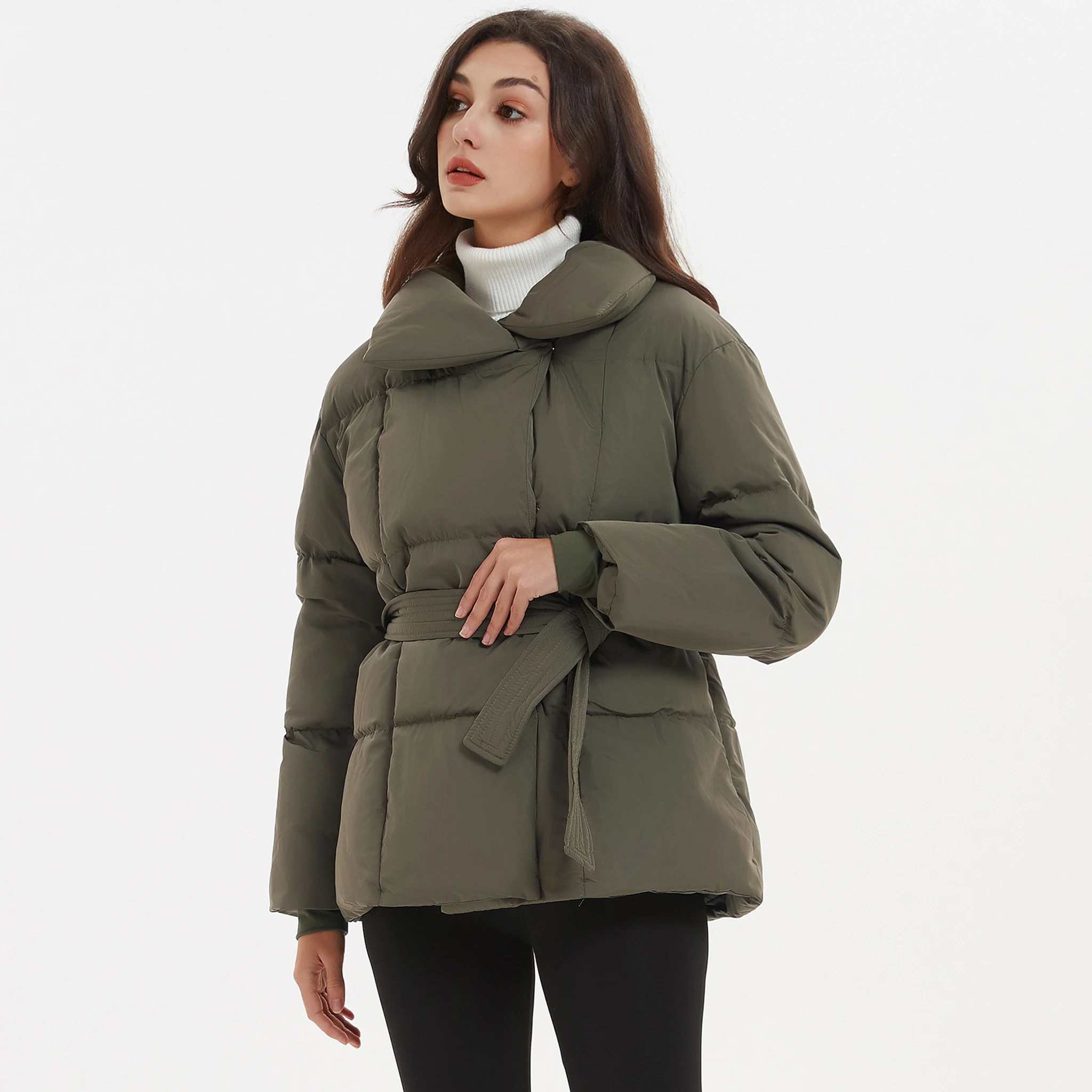 Winter Stand Collar Parkas Women Fashion Tie Waist Short Coats Women Elegant New Solid Puffer Jackets Female Ladies