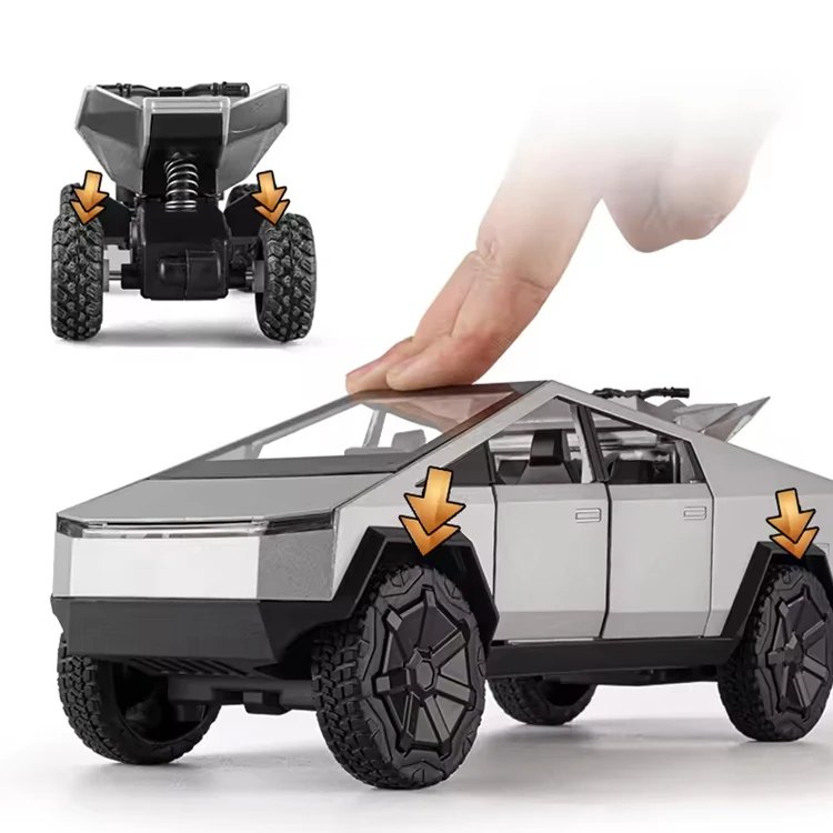 1/24 diecast Tesla Cybertruck pickup alloy car model pullback with ATV decorate metal model