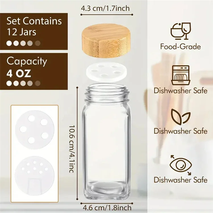 Wholesale 4oz 120ml square glass Spice Jars Seasoning Storage Bottles with bamboo lid and Labels For Spice Rack Cabinet