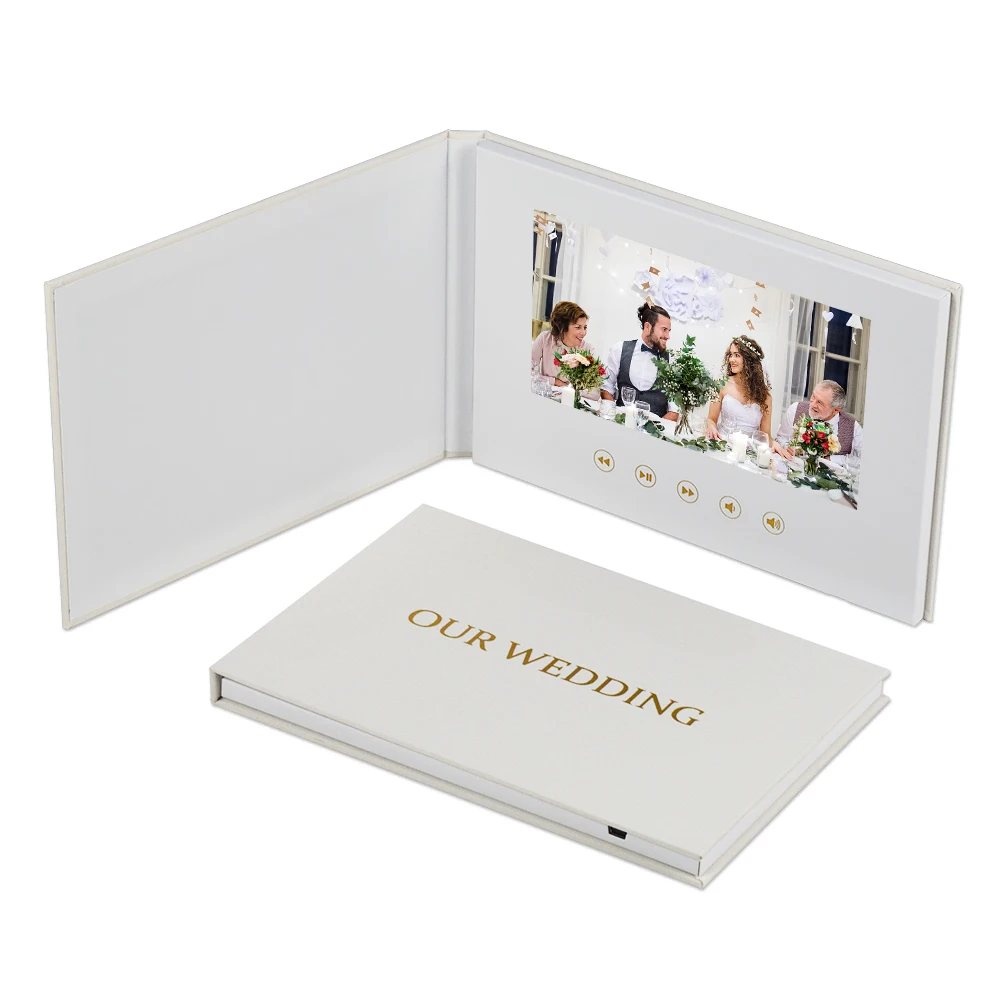 High Quality Wedding Invitation Card With 7 Inch linen hardcover wedding video brochure with gold foil video memory book