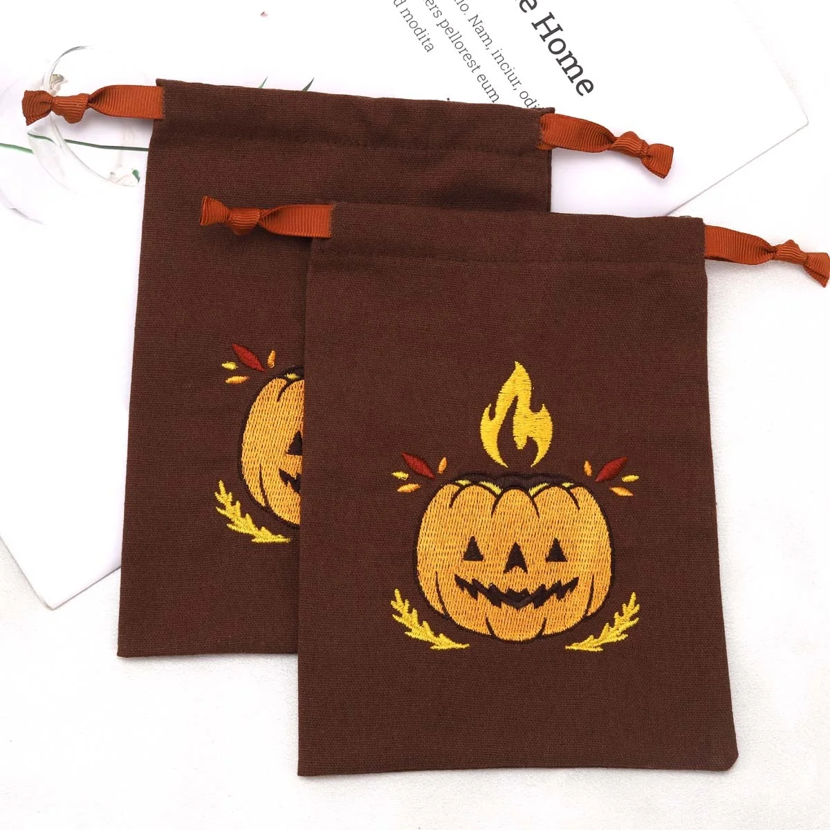 Custom Embroidery Halloween Candy Packing Cotton Linen Pouch Drawstring Cotton Gift Bag With Ribbon