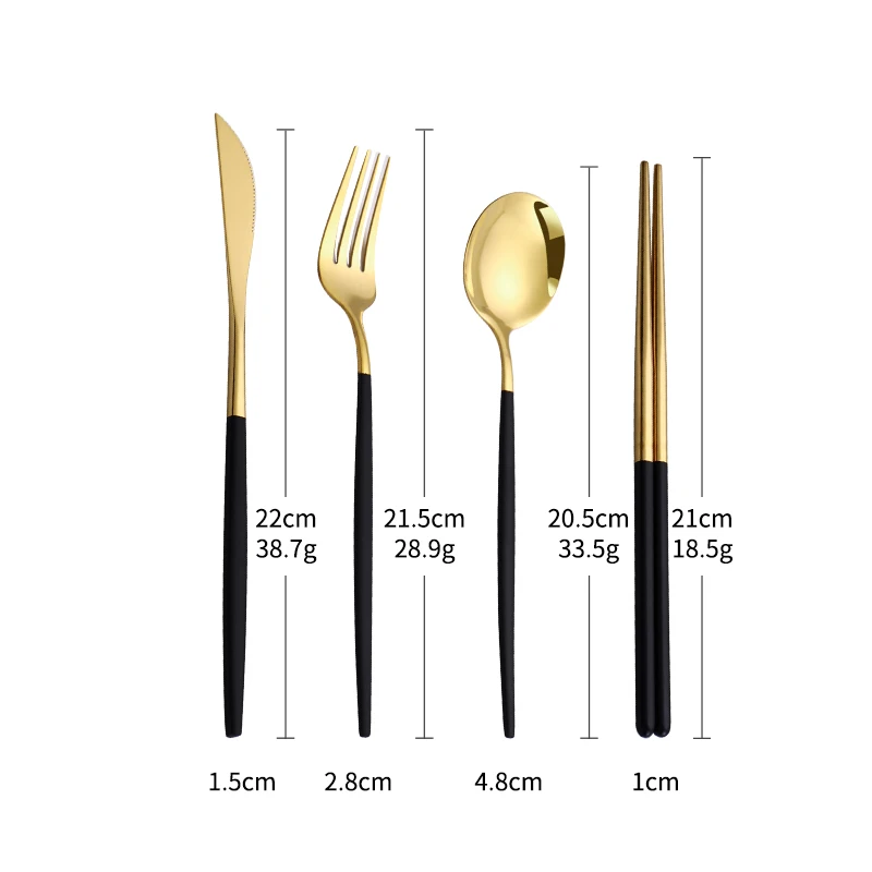 Aliexpress Hot Sale 16 Pcs Black Gold Cutlery Chopsticks Knife Fork Spoon Stainless Steel Korean Luxury Flatware Set