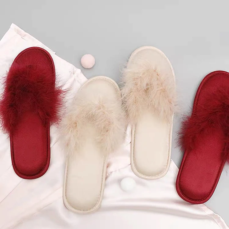 Womens Flip Flops Fluffy Memory Foam Indoor House Silk Feathers Decoration Bridesmaid Wedding Slippers for Ladies