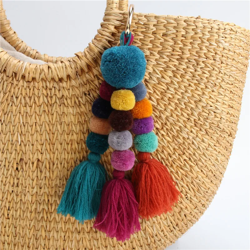 Bohemian Colorful Handmade Hairball Pompones Keyring For Women Girls Bag Boho Accessories Purse Charm Keychains Jewelry