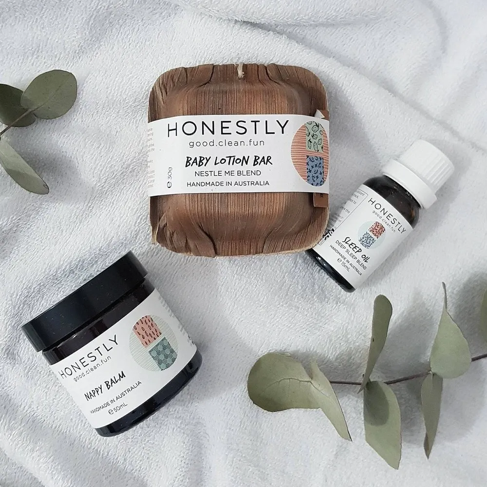 
HONESTLY Gift Pack: Nappy Balm 50ml + Baby Lotion Bar 30g + Sleep Oil 10ml - Hand Made in Australia 