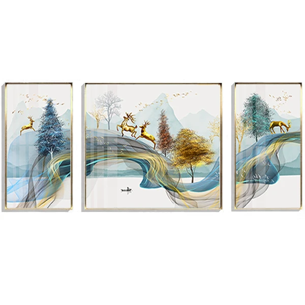 Gold Tree Deer  Nordic style Crystal Porcelain Painting Landscape Wall Art animal wall art 3 panel wall art frame canvas