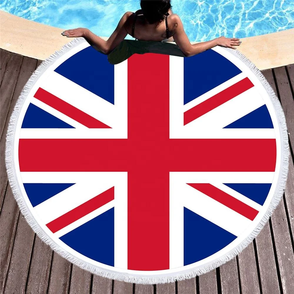 Lightweight digital printed custom uk brazil country flag printed microfiber fabric material round beach towels foldable