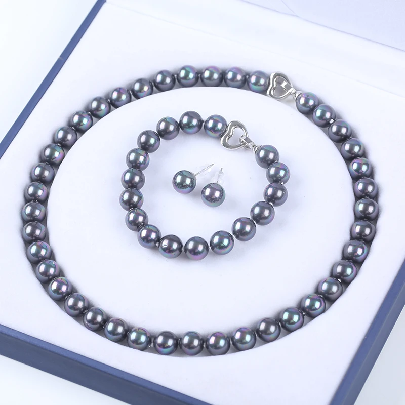 10/12mm Tahiti black/grey color natural round shape shell beads mother of pearl jewelry set