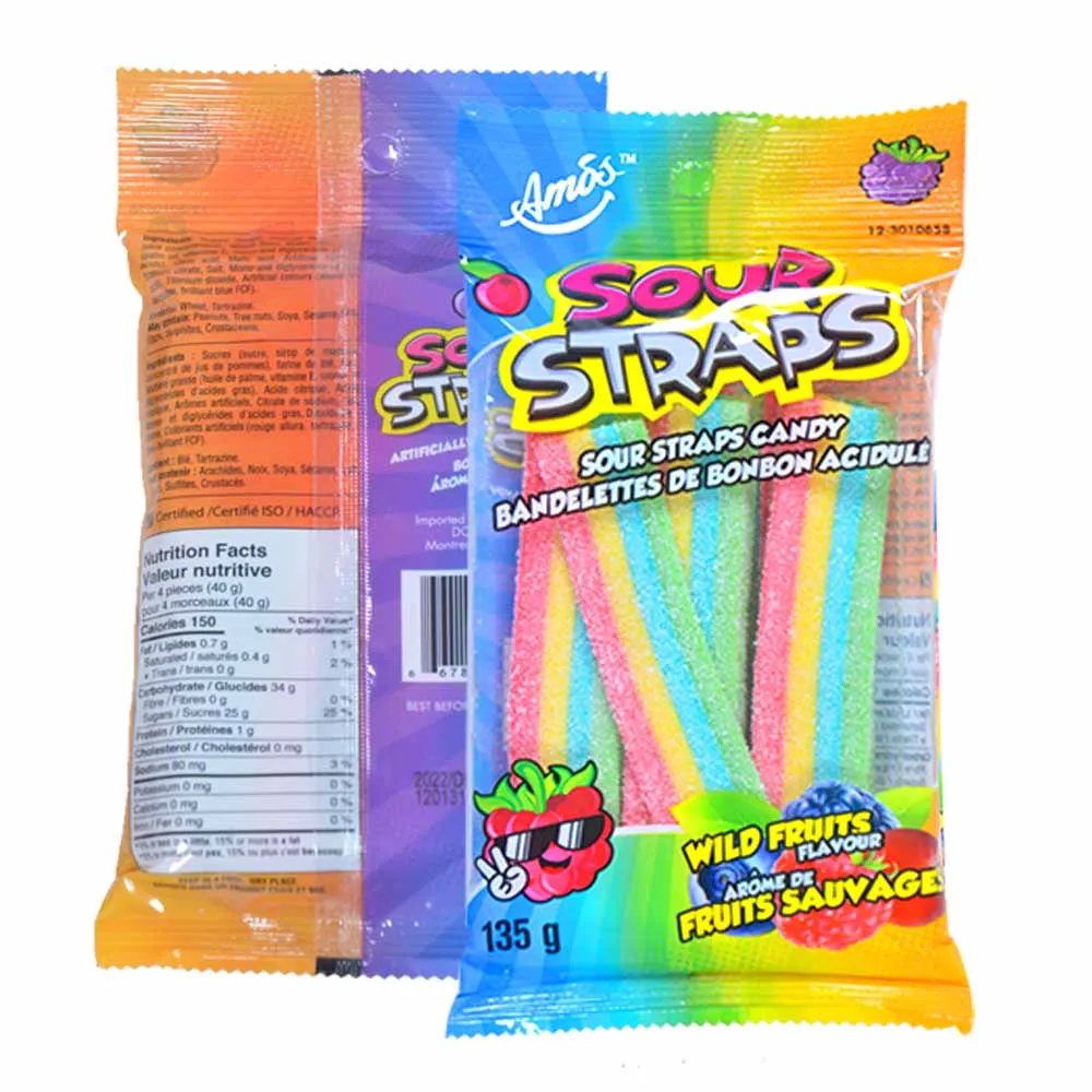 Амос 135 г упаковка оптовая продажа с сахарным покрытием рулон фруктовым ароматом разноцветный мягкий жевательные конфеты Радужный липкий пояс