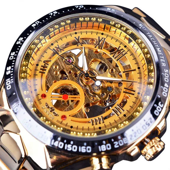 Winner Classic Golden Movement Steel Mens Skeleton Man Wrist Watch Mechanical Top Brand Luxury Fashion Man Automatic Watches