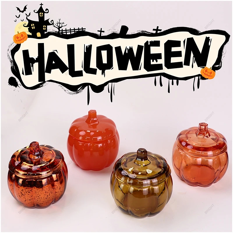 Factory New Style Glass Candle Vessels Red Amber Halloween Pumpkin Candle Jar with Lid