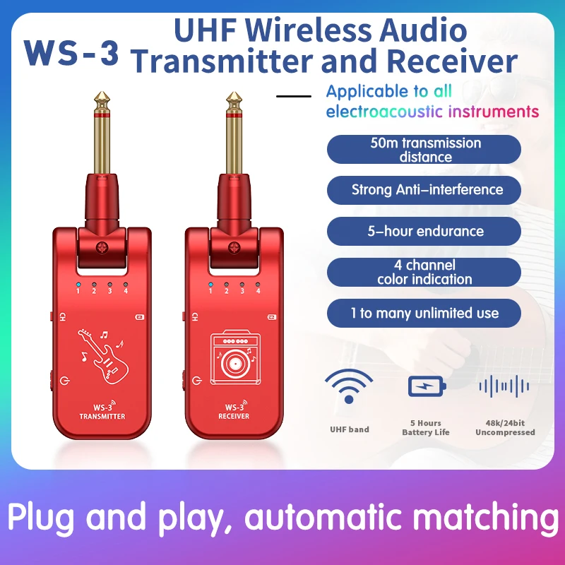 Red Ws-03 Professional Guitar Wireless System Guitar Transmitter And Receiver