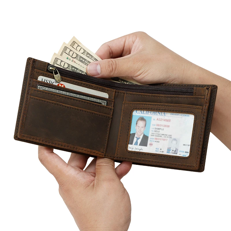 Guangzhou Factory Genuine Cowhide Leather Wallet RFID Zipper Short Custom Engraved Genuine Leather Wallet