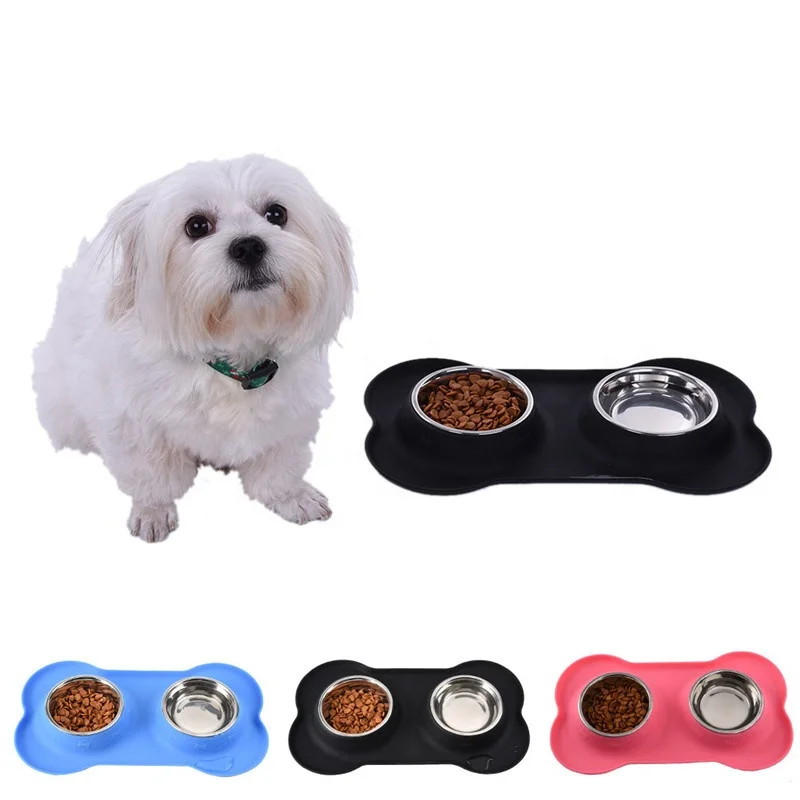 Custom Non-slip Silicone Mat Double pet bowls feeders Stainless Steel Dog Bowl