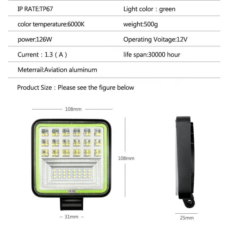 4 Inch Lighting System Flood Beam with Yellow Blue Red Green White ring 126W LED Work Light for Truck ATV SUV Offroad