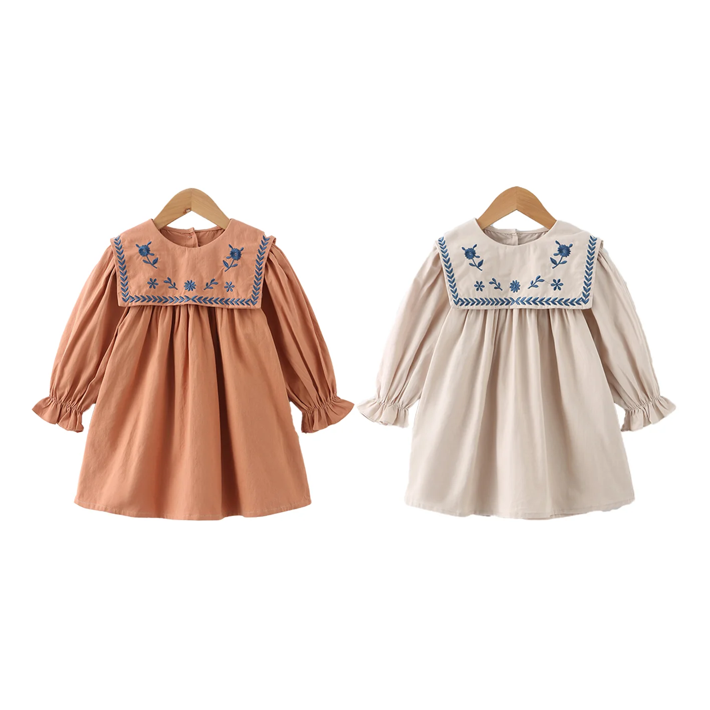 New Korean style kids party long-sleeve dress toddler baby girl Vintage 100% cotton Square Collar embroidered custom dress