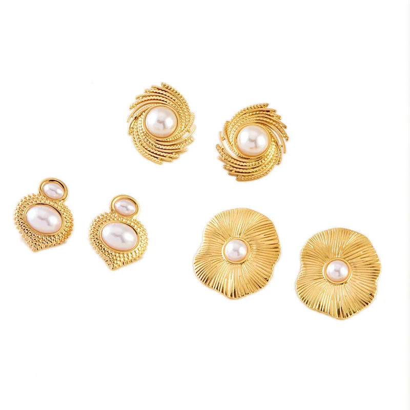 Fashion exaggeration Earrings Stainless Steel Flower earrings Pearl set spiral hurricane shaped pearl studs woven earrings