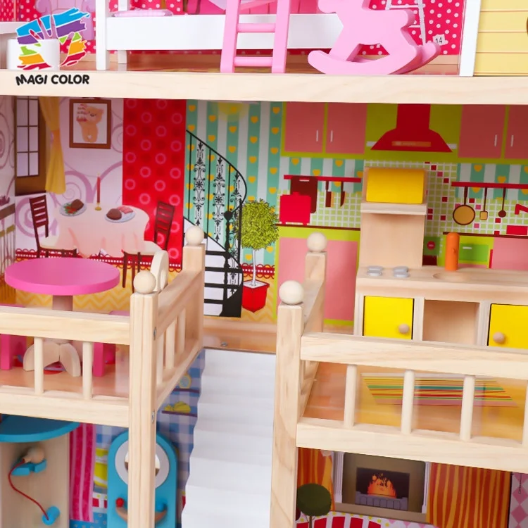 
Ready To Ship best design miniature pink girl wooden doll house for pretend play W06A163C 