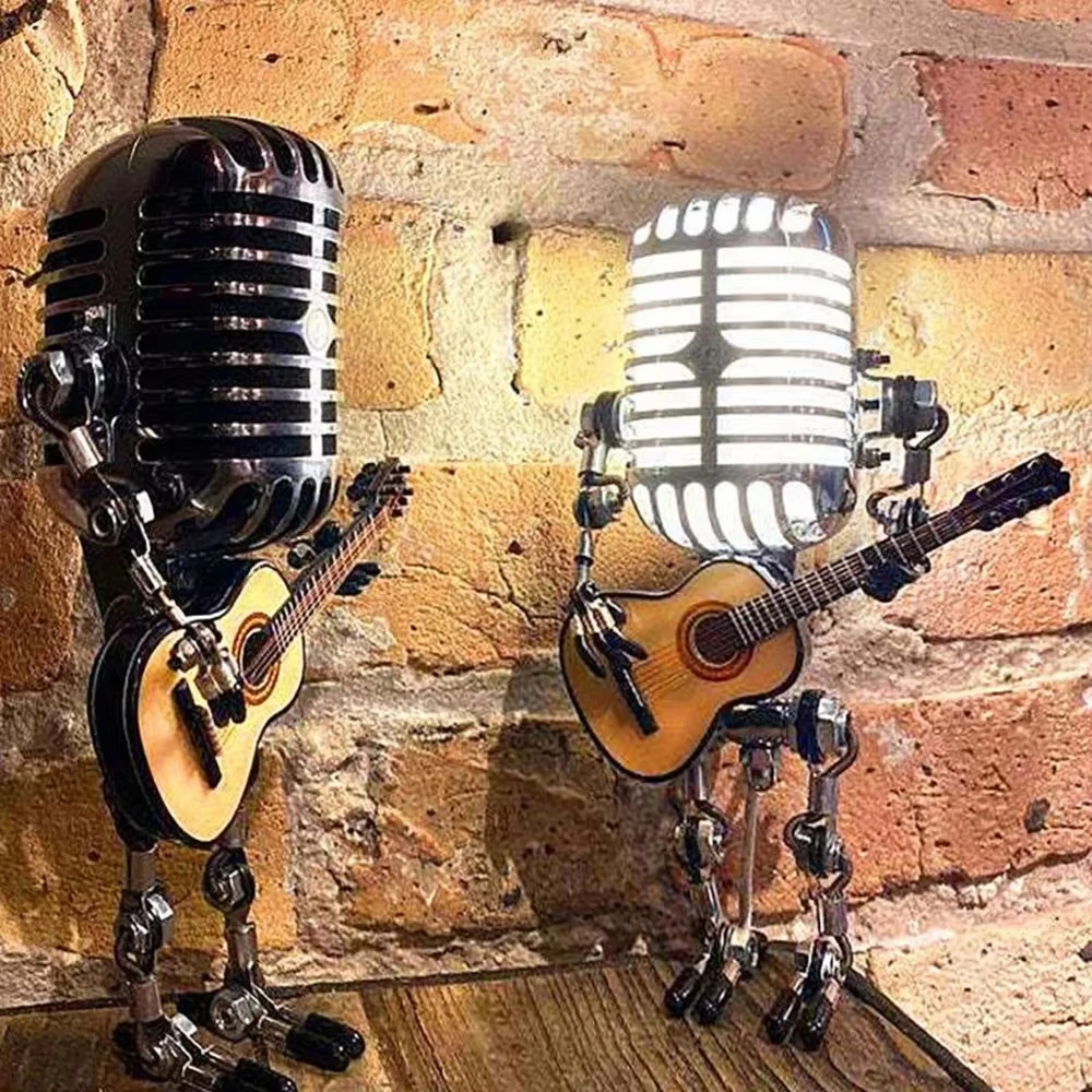 Vintage Microphone Robot Lamp Play Guitar Desk LED Lamp Lights Vintage Miniatures Crafts Lighting Office Home Decoration