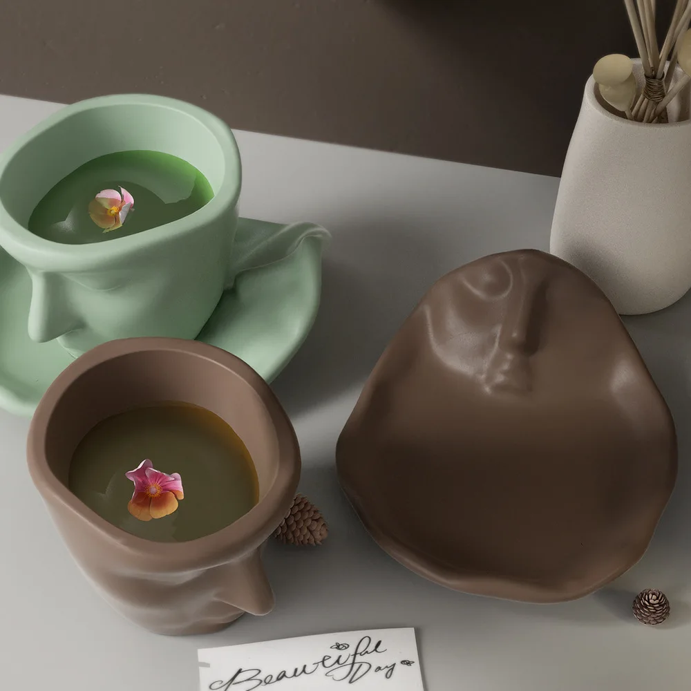 BSP70 3D face sculpture abstract art Thinker Plaster Clay Face silicone coffee cup and saucer set silicone molds