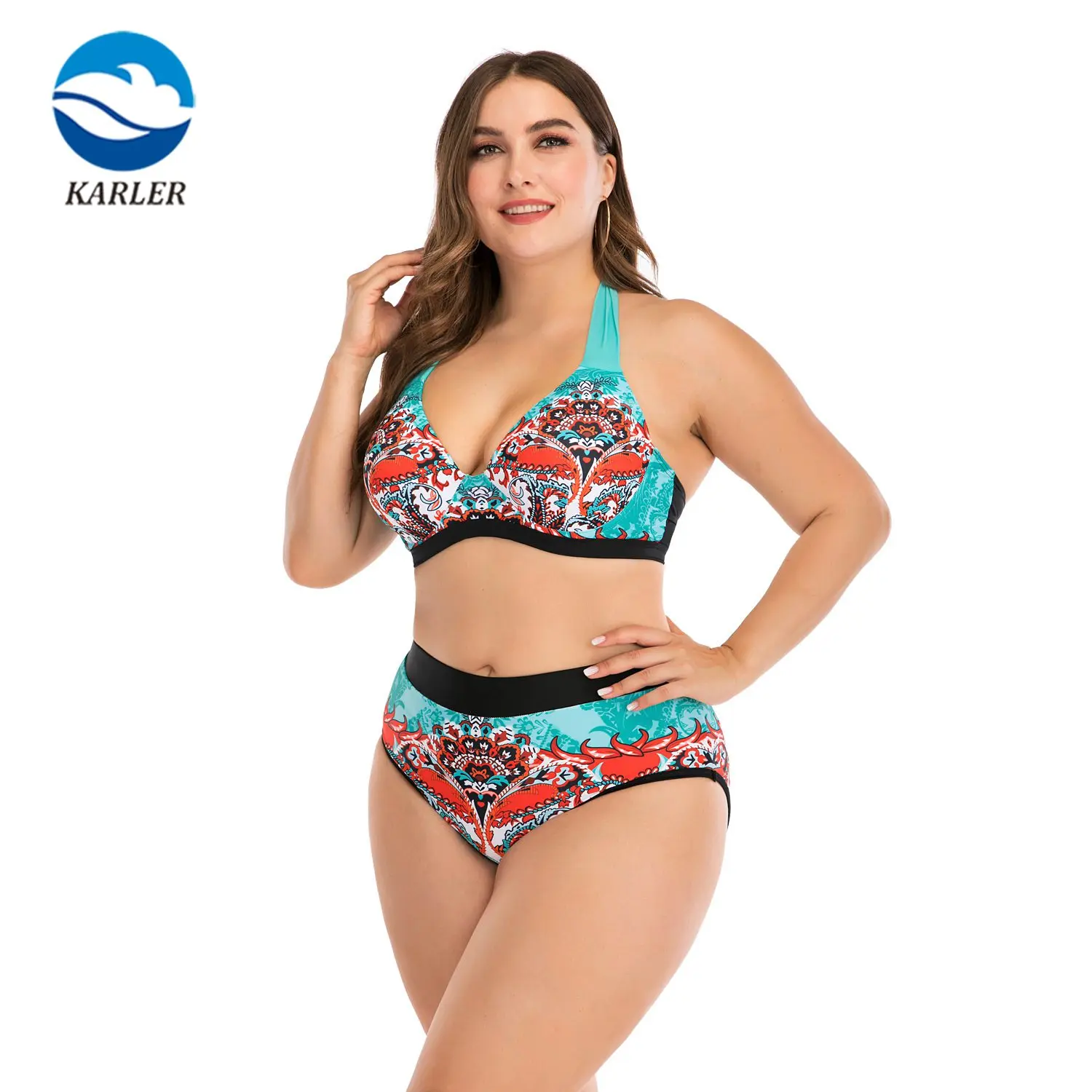 In Stock Women Beach Bikini Push Up Straps V Neck Two Pieces Retro Green Tie Back High Rise Female Plus Size Swimsuit