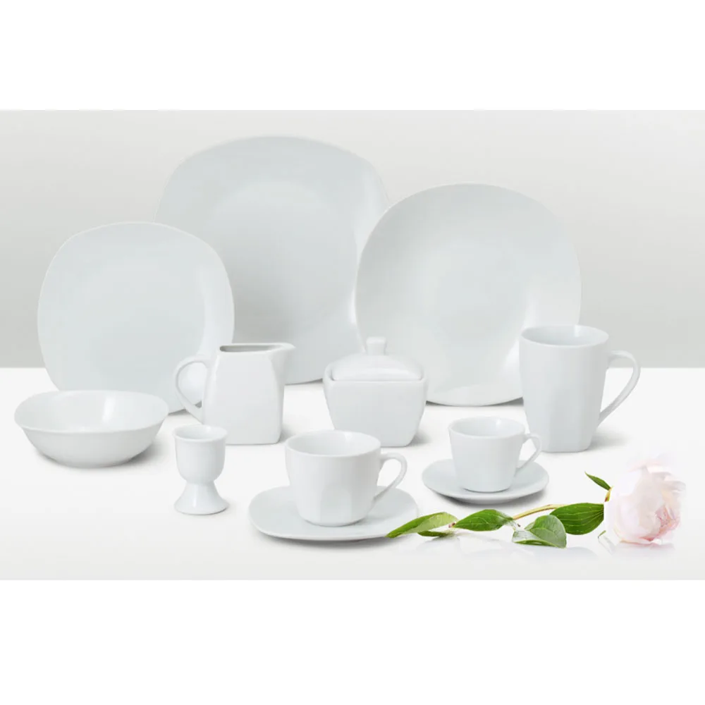 Ceramic plates bone china white squared dinner plate 62 pcs dinnerware plates stock