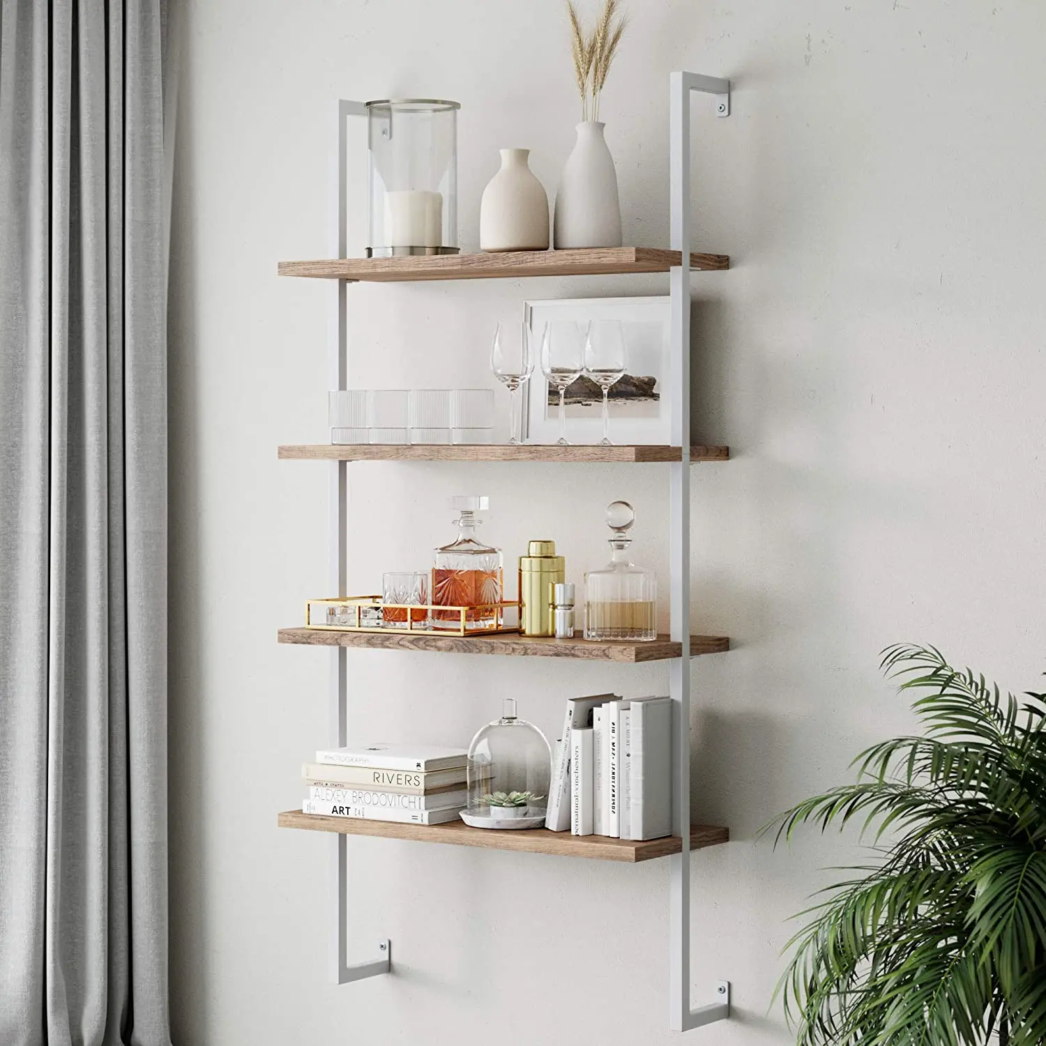 4-Shelf Industrial Pipe Metal Frame Floating Wall Mount Shelves with Natural Wood