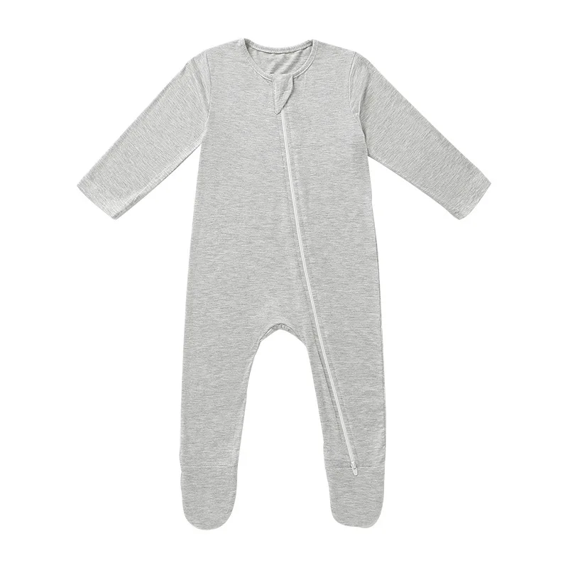 customization solid bamboo fiber breathable long sleeve Autumn zipper foot cover baby rompers