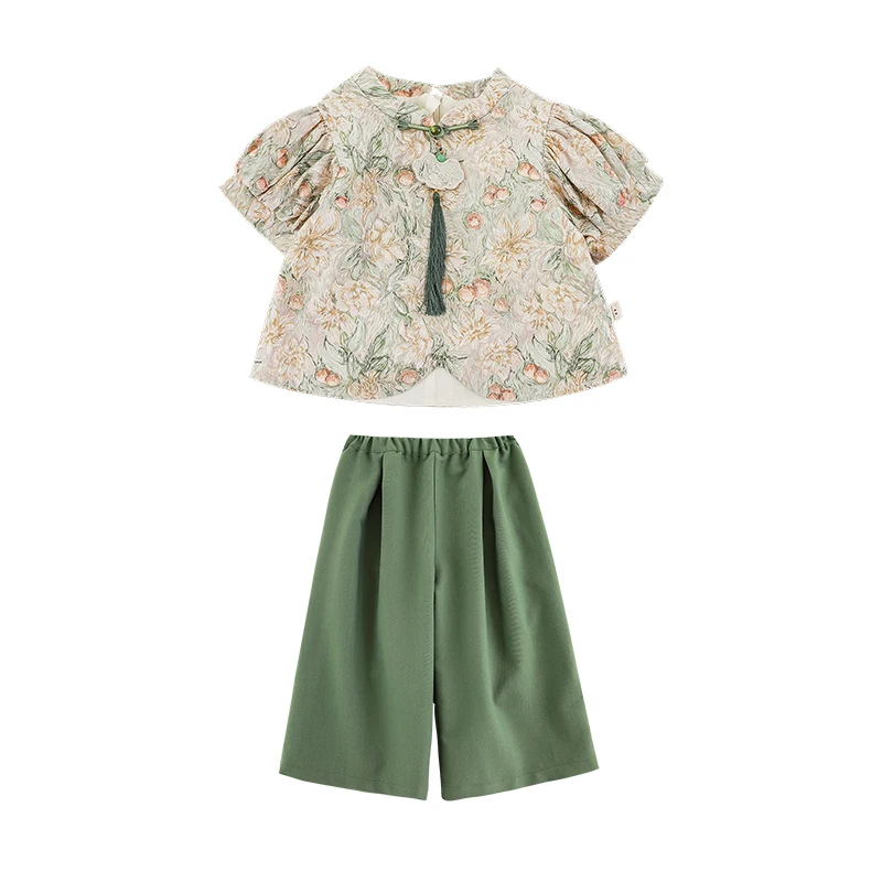 YOEHYAUL EX0016 Qipao Summer Two Girls Floral Suit Sweet Cute Chinese Stand Collar Shirt Straight Pants Suit for Children