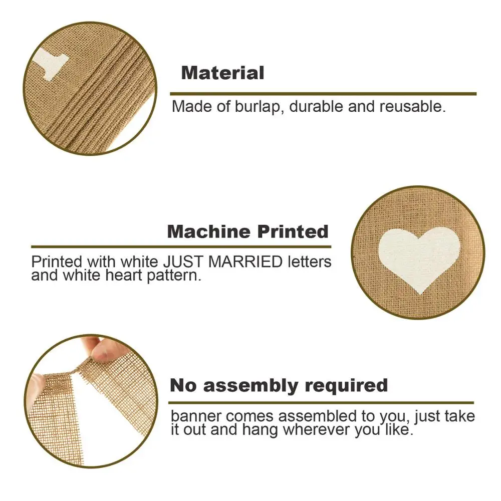 just Married Banner Burlap Wedding Banner Heart Patterns Romantic Wedding Decoration for Wedding Bridal Shower Engagement