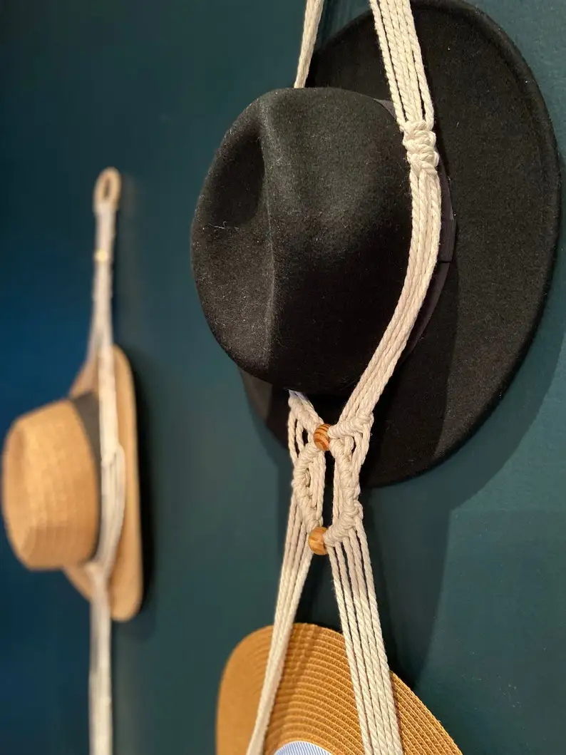 Boho Natural Handmade Gift Farmhouse Cotton Double Hanging Organizer Macrame Hat Holder Hanger
