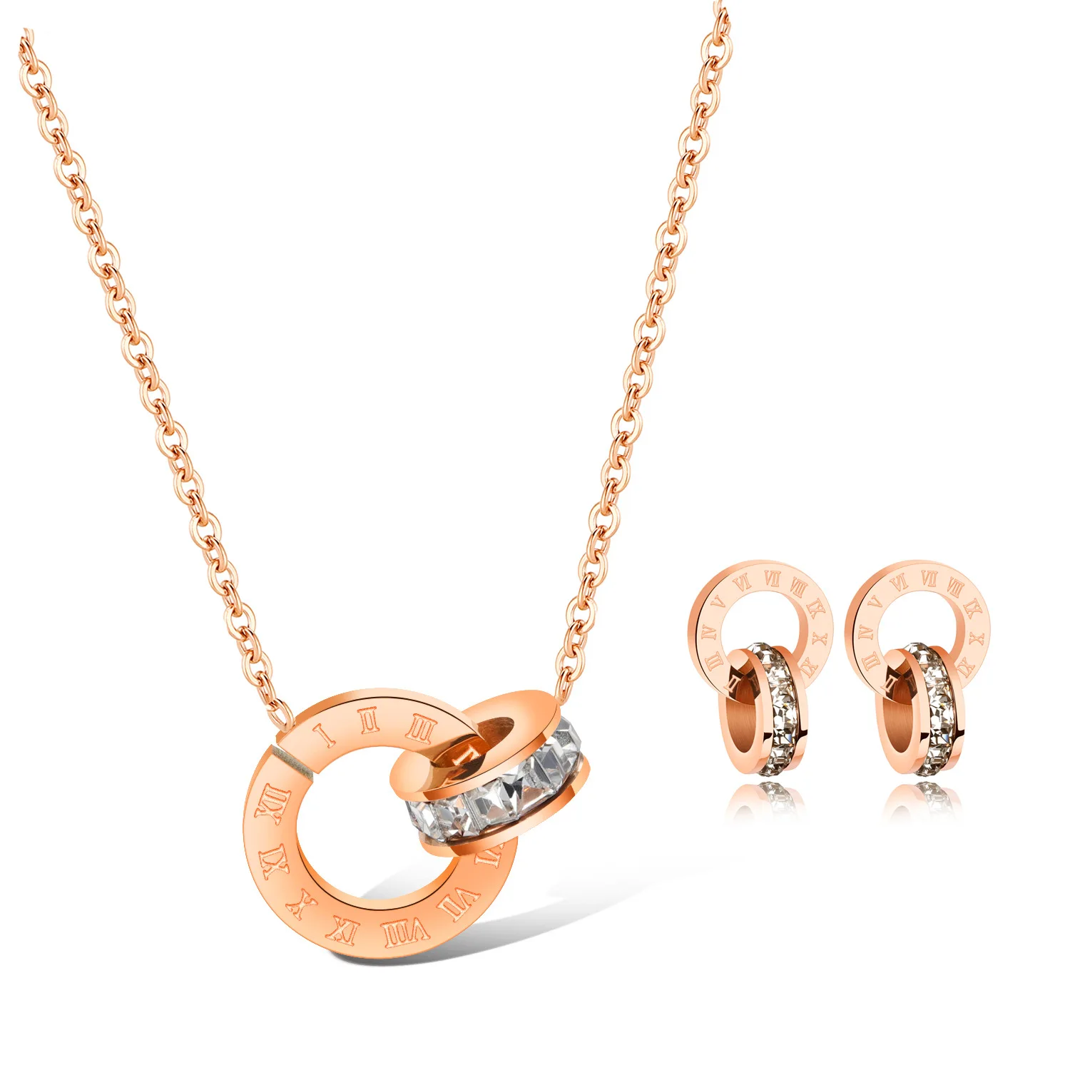 Wholesale Roman Numerals Linked Circle Necklace Earring Fashion Zircon 14k Gold Plated Stainless Steel Jewelry Sets For Women
