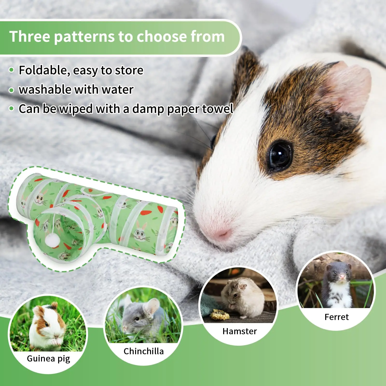 Guinea Pig Tunnel 3 Way Collapsible Small Pet Tunnels and Tubes with Interactive Ball for Baby Rabbit Ferret Hamster Chinchilla