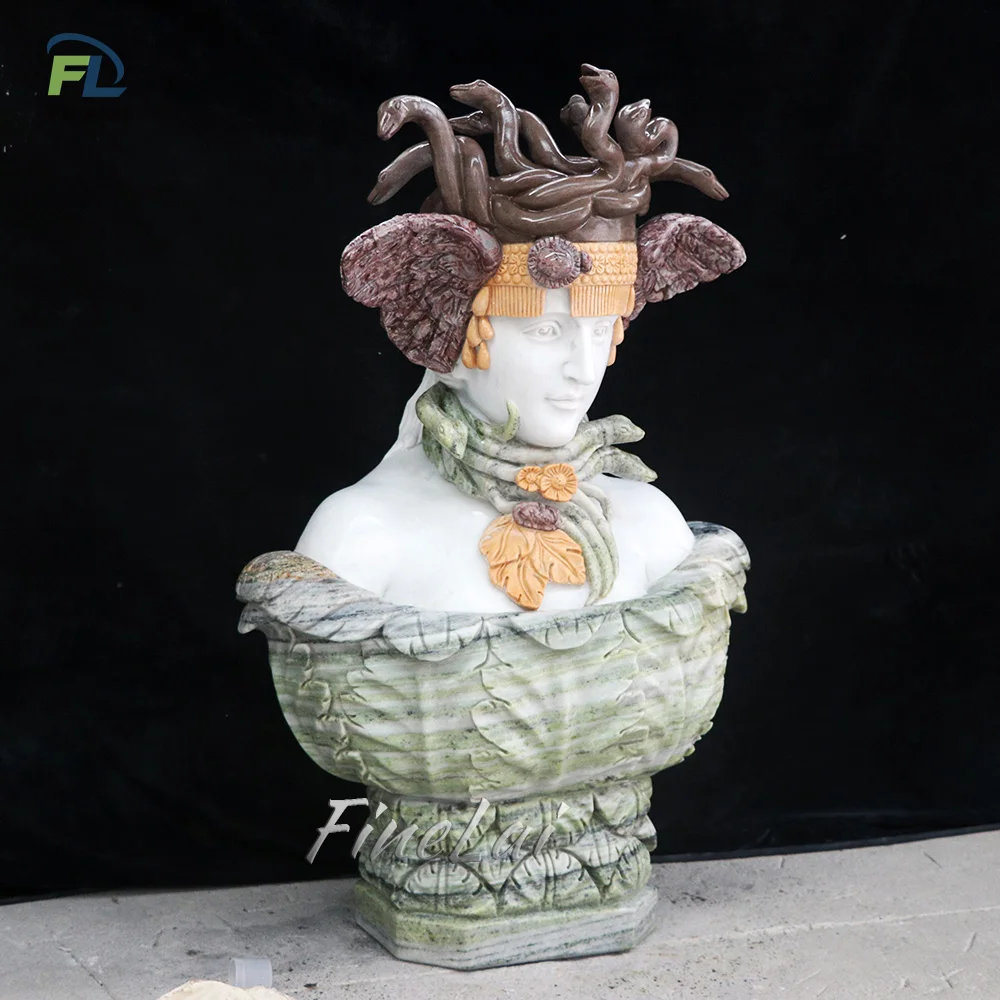 Finelai Famous Classic Hand Carved Natural Stone Carved medusa head bust statue sculpture for decor home