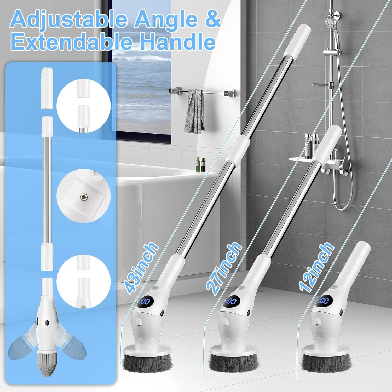 Electric Spin Scrubber 3 Speed With Adjustable Angle Electric Cleaning Brush LED  Display Shower Brush for Bathrooms, Floors