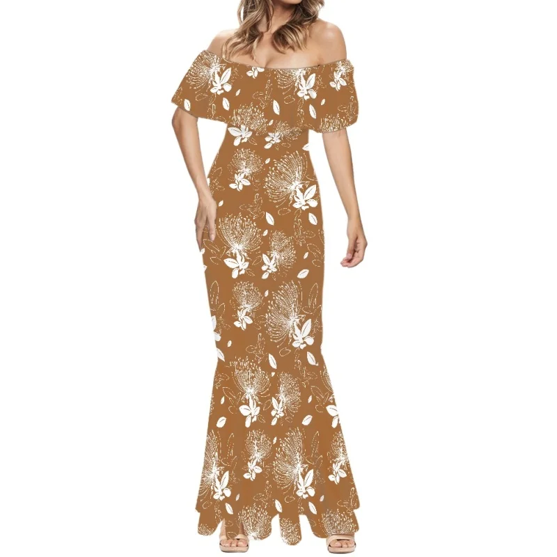 Print on Demand Aloha Ohia Lehua Ruffle Dress Custom Hawaiian Lehua Long Fishtail Dress Wholesale Women Elegant Evening Dress