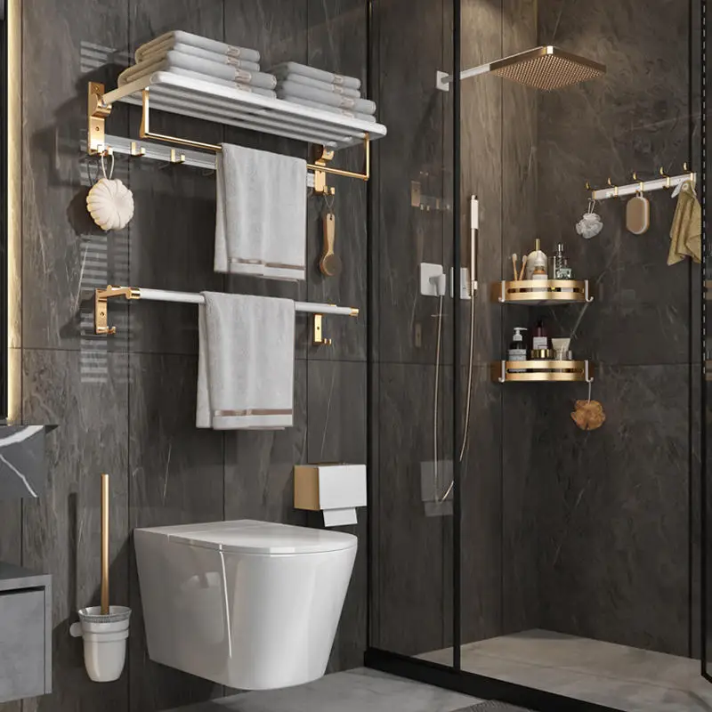 Luxury Bath Hardware Sets Aluminium Hotel White Golden Bathroom Hardware Set