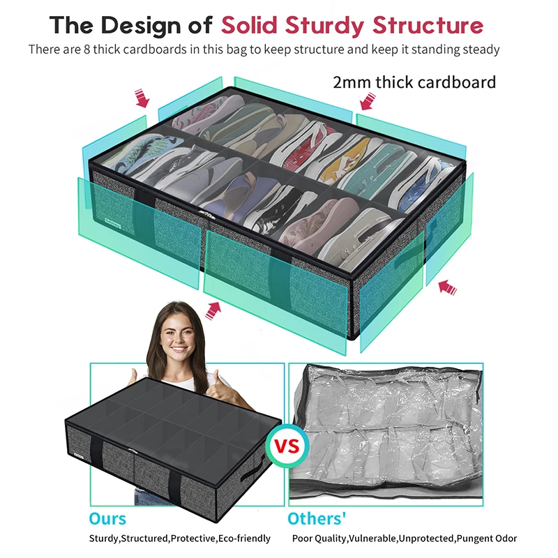 Hot Sale Premium Shoe Box Organizer Container Under Bed Storage For Shoes with Clear Cover 2 Pack