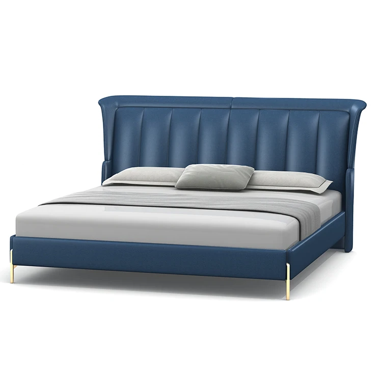 Big Headboard Modern Double Bed Genuine Leather Beds Frame Modern Italian Leather Luxury Double King Size Bed