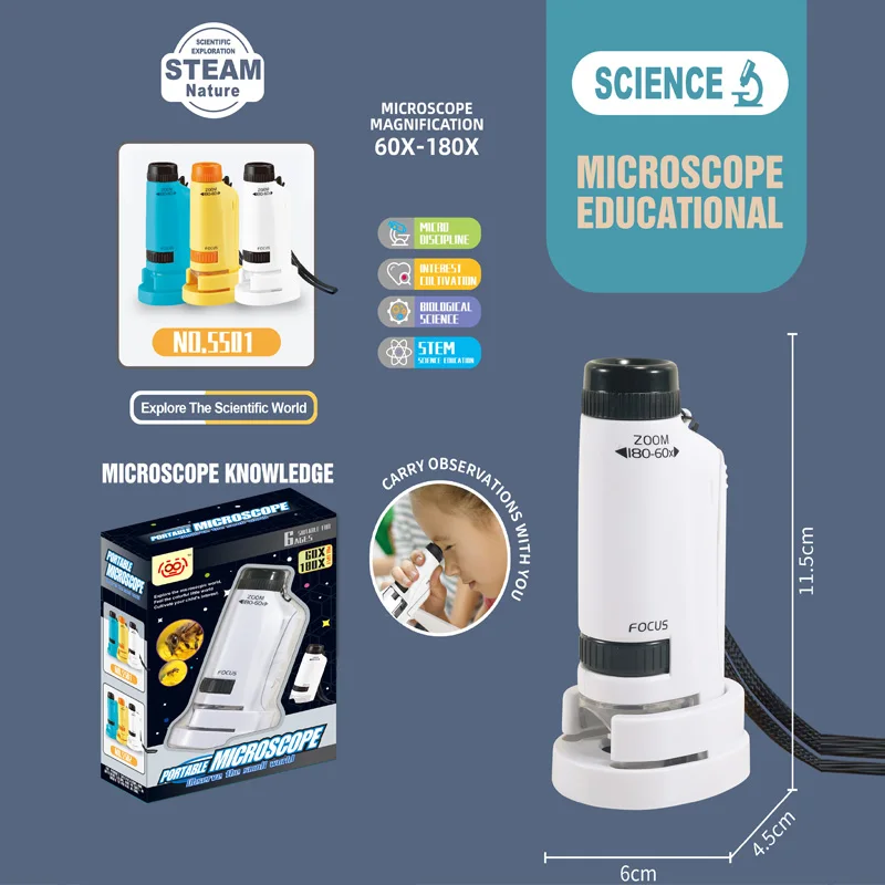 kids Birthday Gift LED Light Biological Microscope 60X-180X Educational Toys Children Handheld Microscope