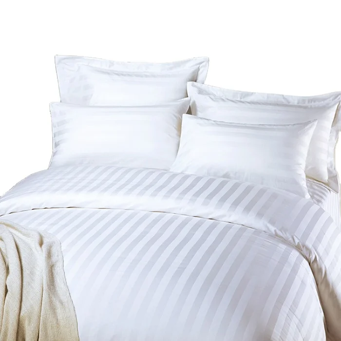 40S 3cm stripe bleached white 100% cotton queen size bed sheet set