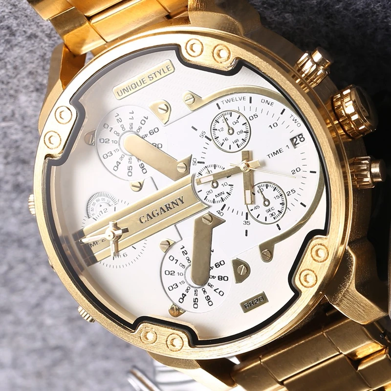 CAGARNY 6820 Luxury Brand Golden Watches Men Fashion 2 Time Zone Calendar Hot Quartz Stainless Steel Glass Waterproof Acrylic