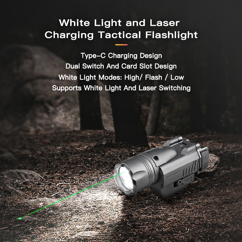 Type C rechargeable 1200 lumens led laser light green laser light combo 5w tactical light for outdoor night