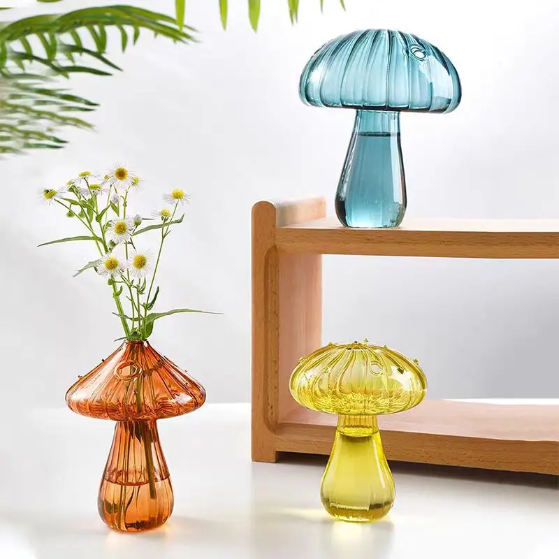 Glass Colorful Mushroom Vase Nordic Style Indoor Home Decor Hydroponic Plant Flower Arrangement Ornament Room Desktop Decoration