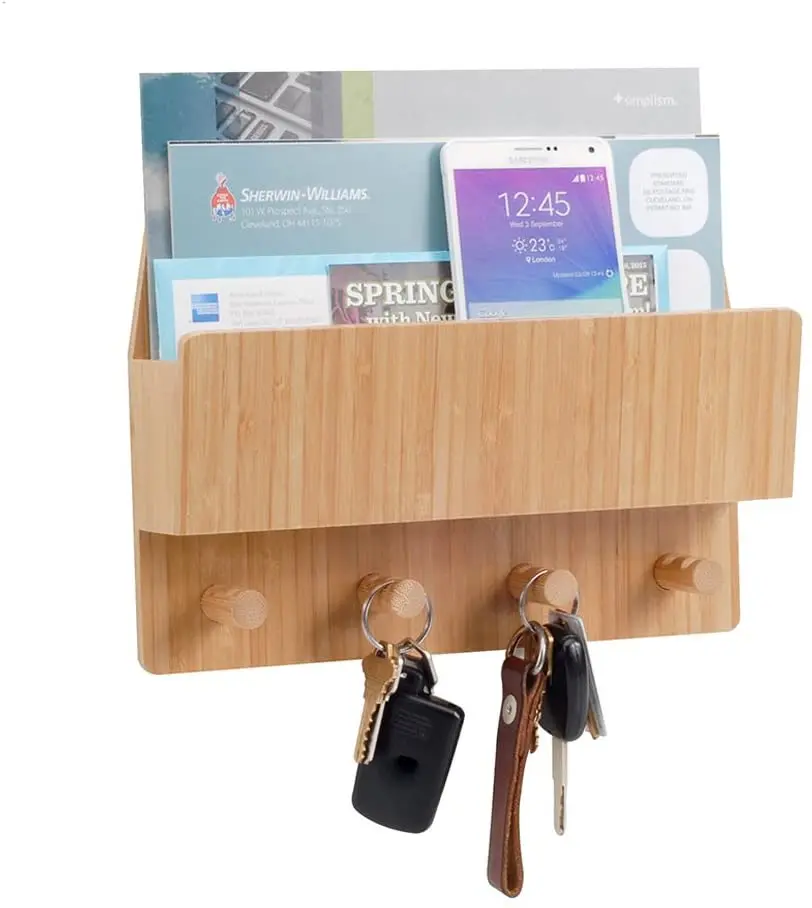 Wall shelves home decor wooden Bamboo Mail & Letter Wall Mount Organizer with Key Hooks for Entryways